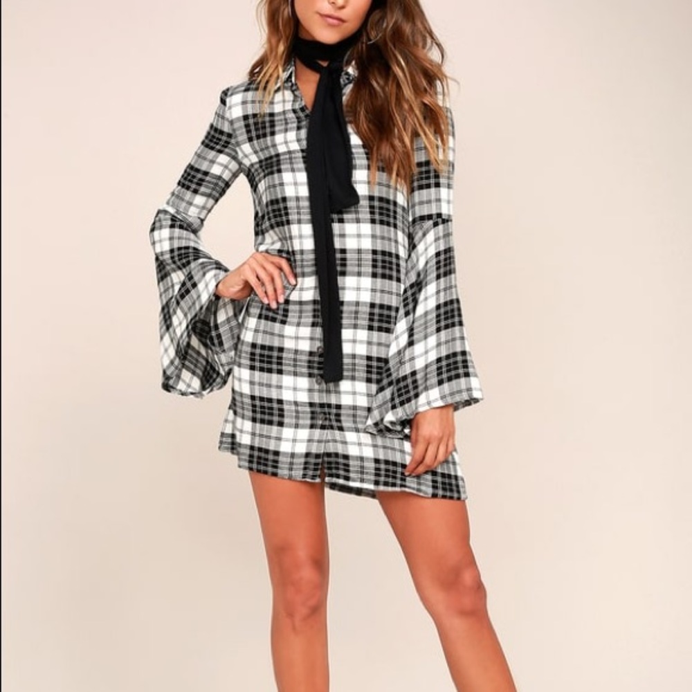 LULU’S TYMBER BLACK AND WHITE PLAID SHIRT DRESS